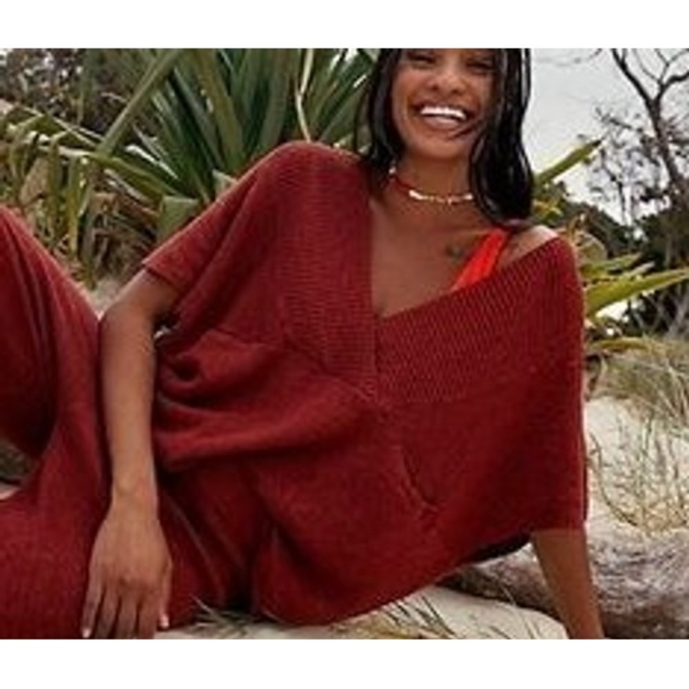 Free People FP Beach Jaclyn Rust Orange V-Neck Oversized Sweater Vest Medium